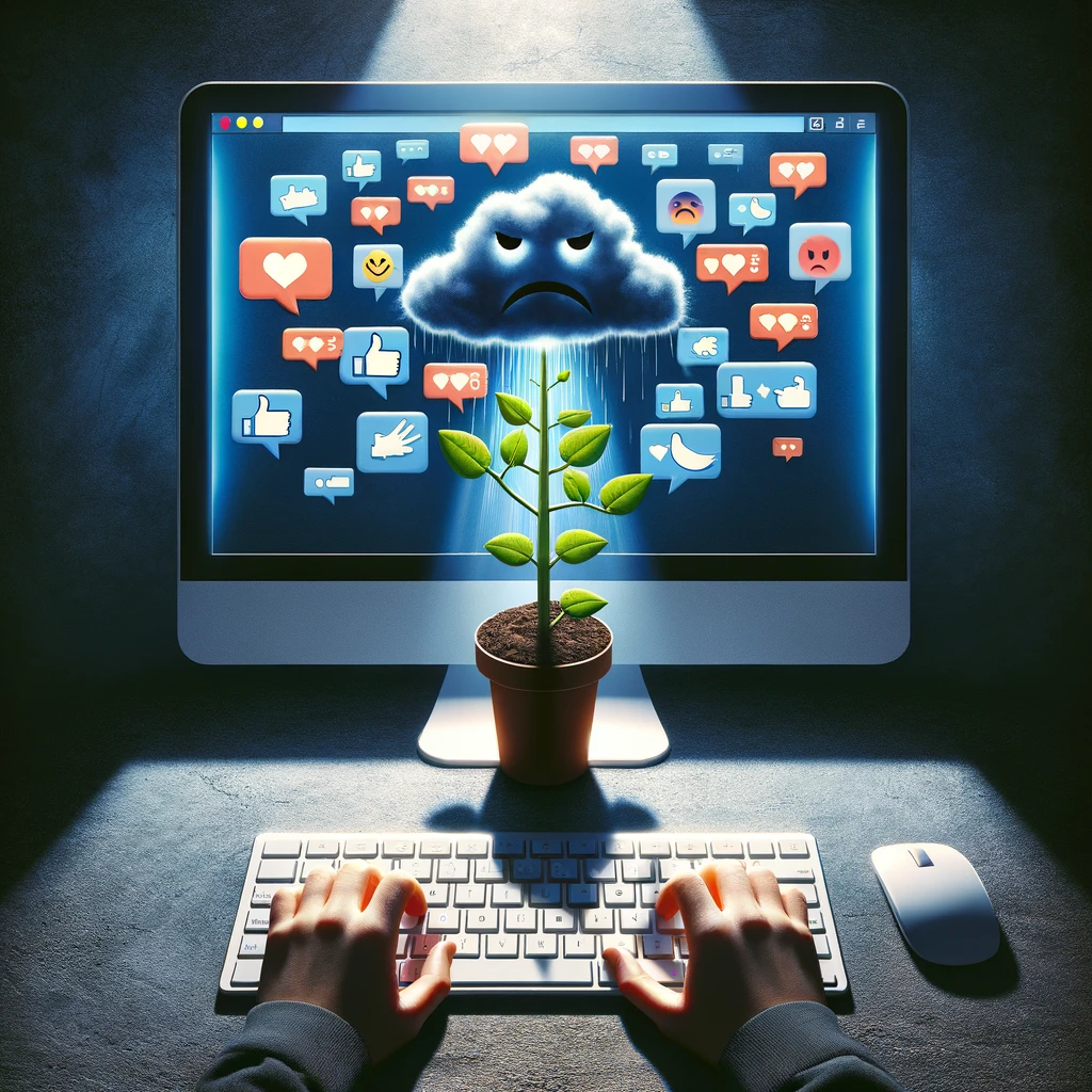 KI Bild, Zwei Hände auf einer Tastatur, dahinter eine Pflanze und ein Bildschrim, mit diversen Symbolen