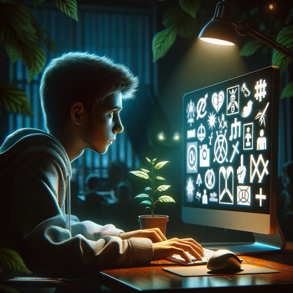 KI Bild, ein Jugendlicher, der vor einem Monitor sitzt.