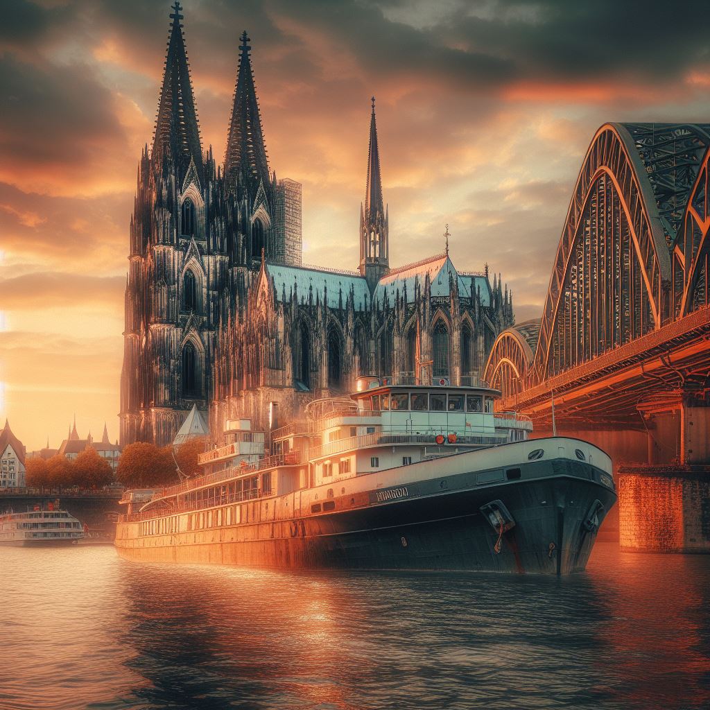 KI Bild, ein Schiff vor einer Brücke, die sich vor dem Kölner Dom befindet, im Sonnenuntergang