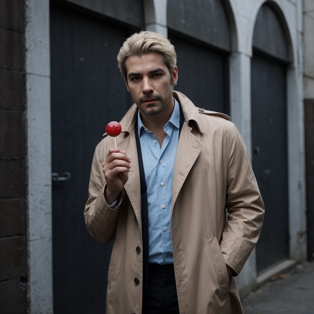 KI Bild: Blonder Mann mit Mantel und rotem Lolli.